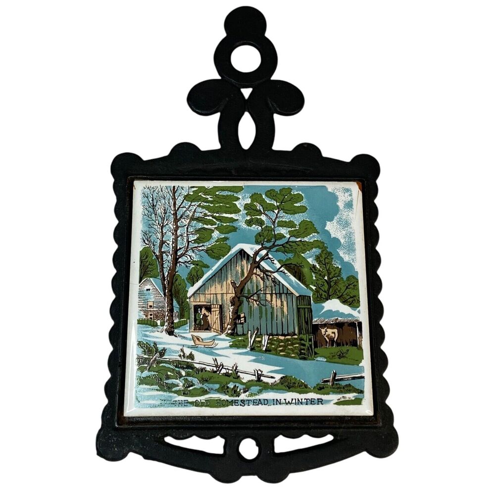 Vintage Currier and Ives Kitchen Cast Iron Tile Trivet "The Old Homestead" Japan